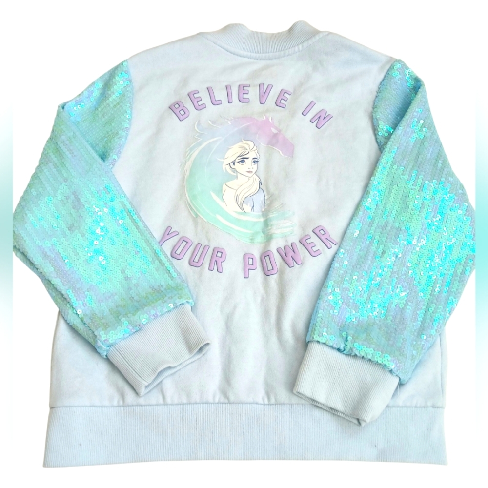 Disney Frozen Girl's Powder Blue Bomber Jacket with Sequin Sleeves- Size M EUC